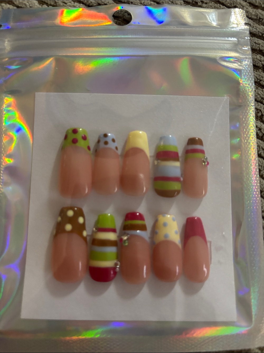 Polka dot and stripes, hand painted press-on nails, Medium, Coffin
